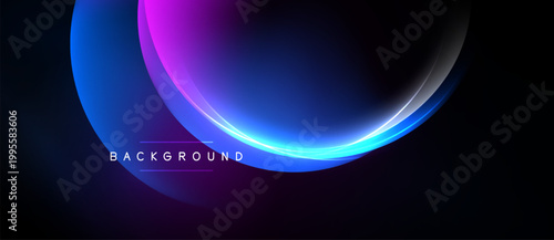 Abstract design features vibrant blue, purple gradients. Smooth curves create dynamic background, modern aesthetic. Dark space emphasizes luminosity.