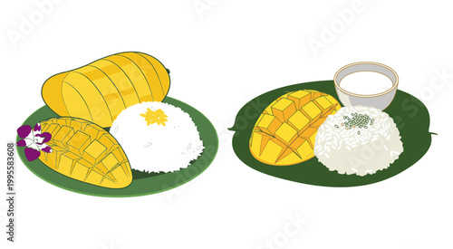 Fresh sweet mango sticky rice served on a green banana leaf plate