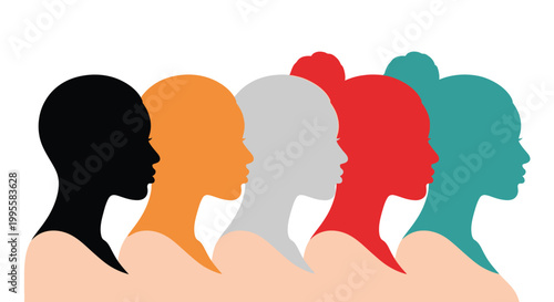A diverse row of female silhouettes in varying skin tones representing inclusivity and unity