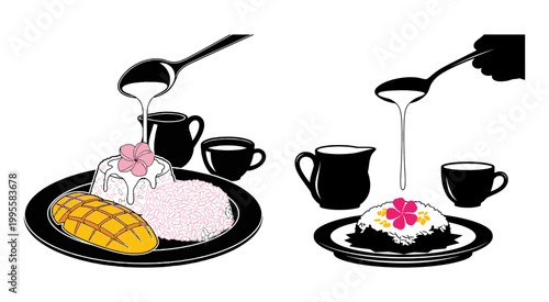 Mango sticky rice dessert with coconut milk being poured from a spoon