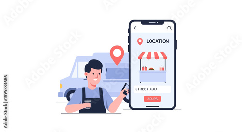 Food truck driver using mobile app for orders and location tracking