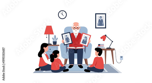 Grandfather Reading Photos to Grandchildren, Family Storytelling, Nostalgia, Love, Generations