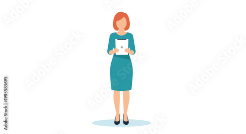 A flat vector illustration depicts a woman holding a digital tablet wearing a teal dress and black shoes