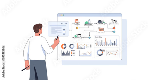 Man analyzing dairy farm data on digital dashboard with charts and graphs