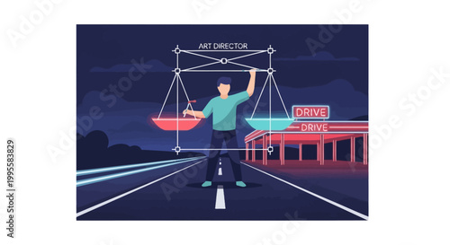 Man balancing scales on road, AI director concept, autonomous driving choice