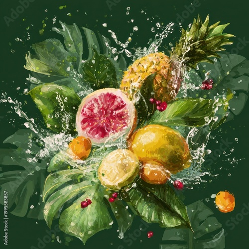 Fresh citrus fruit slices splash into clear water alongside festive Christmas tree decorations on a vibrant red and white background