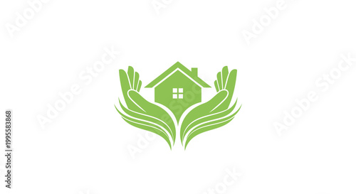 A green illustration depicts protecting a house with hands symbolizing safety security and homeownership
