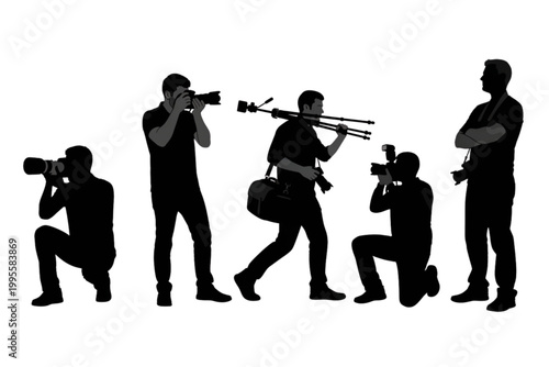 Vector Icon Set of 5 Male Photographers in Silhouette – Five Different Poses