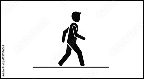 A simple black silhouette depicts a person walking forward on a horizontal line high quality