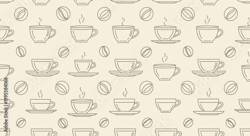 Seamless Pattern of Coffee Cups and Beans, Minimalist Line Art