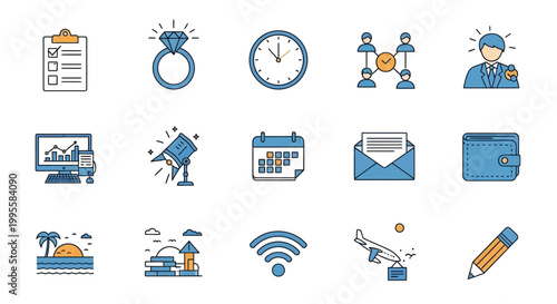 A collection of flat design icons representing business planning communication and lifestyle elements high quality