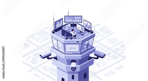 Surveillance tower with cameras and data screens, urban monitoring concept