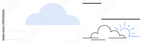 Weather forecast, nature, sky design, cloud computing, abstract concepts, minimalism. A cloud paired with a rising sun using minimal line art. Weather forecast and nature concept