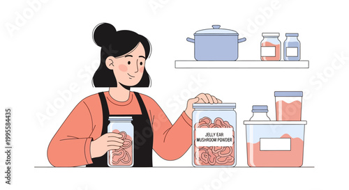 Woman organizing homemade preserved food in jars for storage