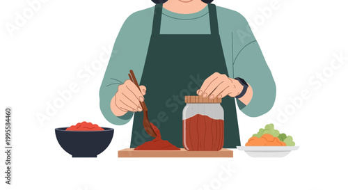 Woman preparing kimchi, mixing red paste into jar with cabbage, Korean food preparation