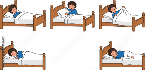 Child Bedtime Routine Set with Kid in Bed, Sleeping, and Covering with Blanket for Sleep, Comfort, and Family Illustrations
