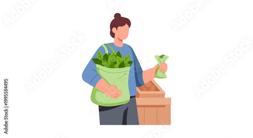 Woman with reusable bag full of fresh green vegetables at farmers market
