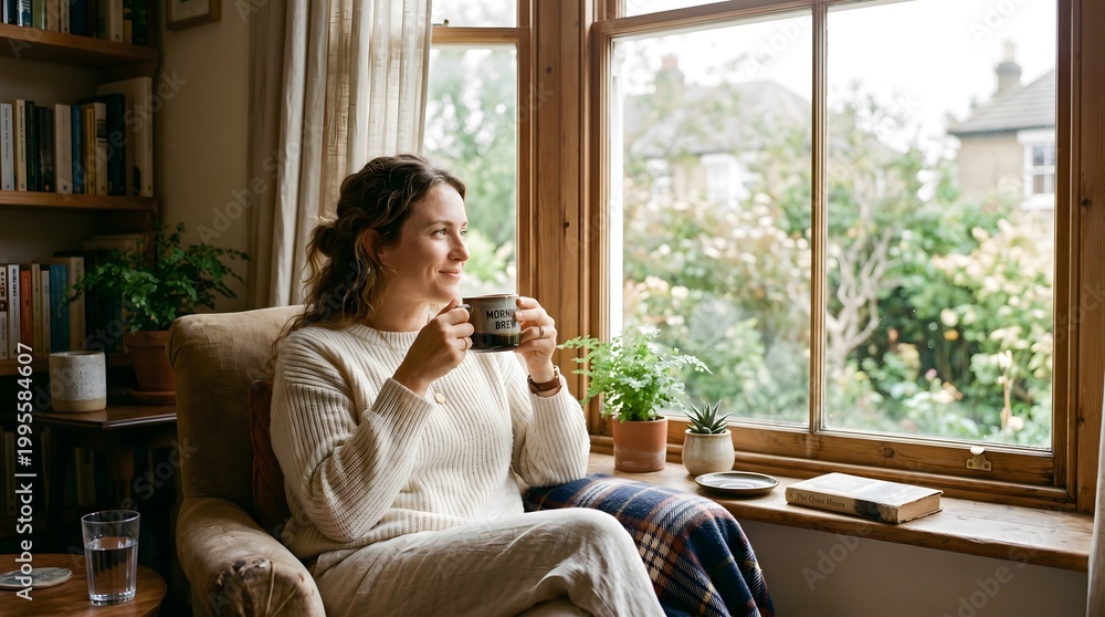 Fototapeta premium Woman Relaxing at Home with a Cup of Coffee by the Window.