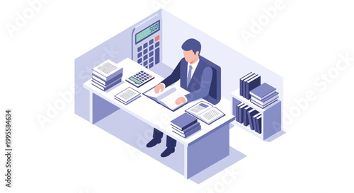 Accountant working at desk with calculator and documents, office workspace, business concept