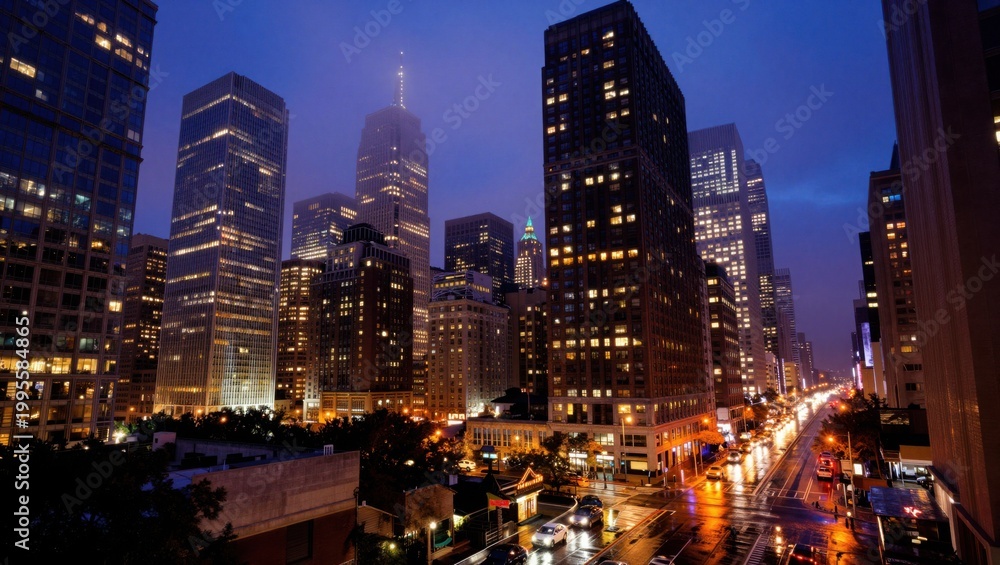 Obraz premium City skyline illuminated during rainy evening street scene