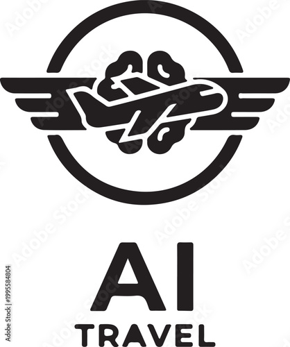 A minimalist black and white badge logo for AI Travel, combining an airplane silhouette, a brain graphic, and wings within a circular frame.