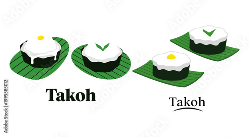 Takoh thai dessert with coconut cream topping served on green banana leaves