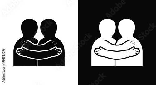 A minimalist depiction of two figures embracing shown in contrasting black and white color schemes
