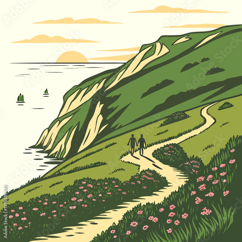 A retro styled illustration depicts a winding path along a dramatic coastline showcasing two figures walking towards a golden sunset high quality professional detailed modern elegant