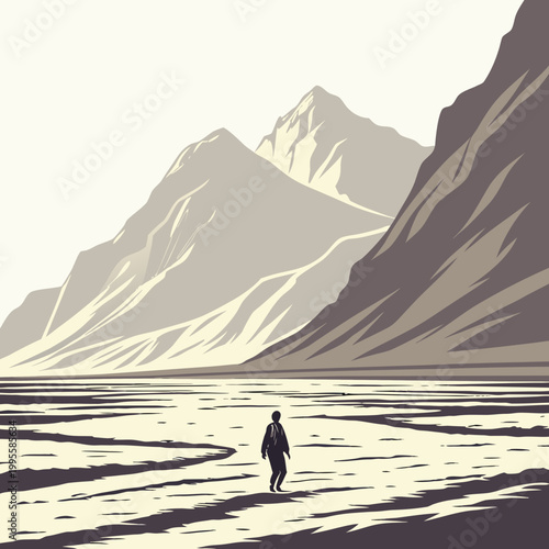 A solitary figure walks across a vast textured beach towards imposing mountains under a pale expansive sky high quality professional detailed modern elegant stylish clean crisp