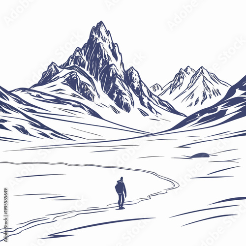 A lone hiker walks a winding path towards a dramatic mountain range under a clear expansive sky depicted in a minimalist style high quality professional detailed