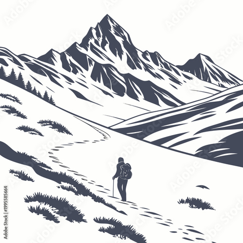 A lone hiker ascends a snow covered mountain path surrounded by majestic peaks and a stark minimalist landscape in grayscale high quality professional detailed modern elegant