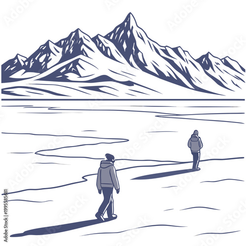 A minimalist illustration depicts two figures walking along a desolate snowy beach toward distant jagged mountains high quality professional detailed modern elegant stylish clean crisp vibrant