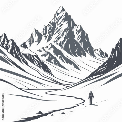 A solitary hiker walks along a winding path amidst a dramatic monochromatic mountain landscape evoking a sense of scale and isolation high quality professional detailed modern