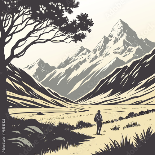 A lone hiker stands silhouetted against a dramatic mountain landscape rendered in a stylized monochromatic woodcut aesthetic high quality professional detailed modern elegant stylish clean crisp