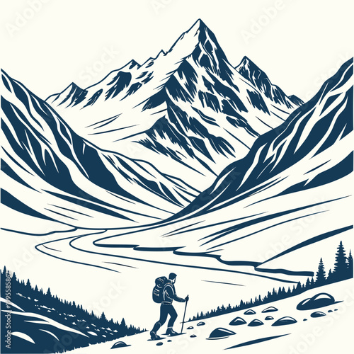 A solitary hiker ascends a winding mountain path dwarfed by imposing snow capped peaks under a clear expansive sky high quality professional detailed modern elegant stylish