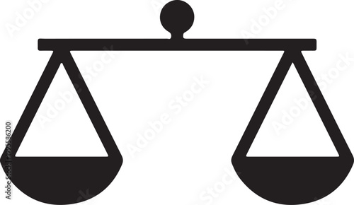 A simple black silhouette of a balance scale representing justice and equality, featuring two hanging pans on a horizontal bar.
