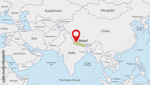 Nepal on a political map of Eurasia with location marker3. Travel concept. Vector flat template.