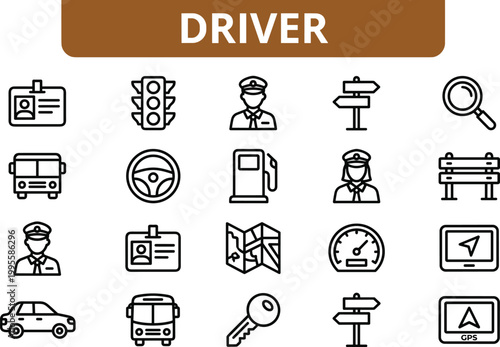 Driver and transportation icon set featuring road signs vehicles navigation tools license elements and driving related outline vector collection