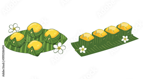 Traditional Thai yellow desserts served on green banana leaves with white flowers