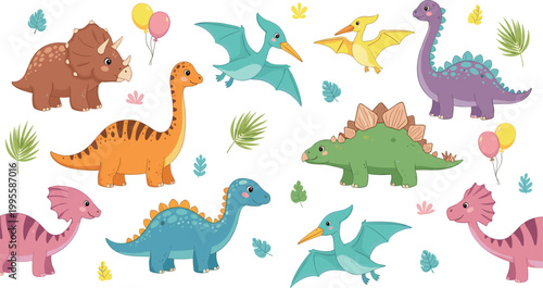 Cute Dinosaur Cartoon Set with Triceratops, Stegosaurus, Pterodactyl and Colorful Prehistoric Animals for Kids Illustration, Nursery Design, and Playful Vector Collection