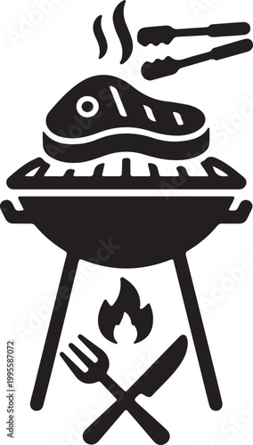 A black and white vector illustration of a barbecue grill with a steak on top, featuring tongs, steam, fire, and crossed cutlery.