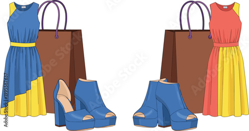 Fashion Outfit Set with Dresses High Heel Shoes and Shopping Bags Stylish Women Clothing Vector Illustration