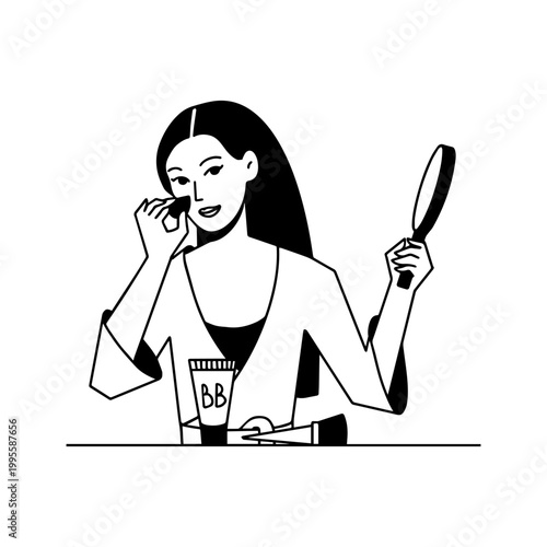 The girl is doing makeup and applying BB cream