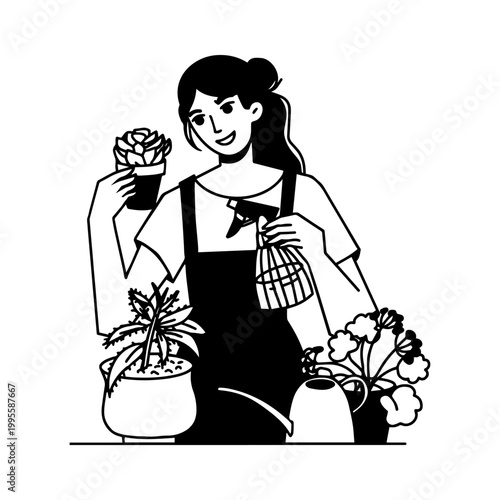 A woman takes care of indoor plants and waters flowers