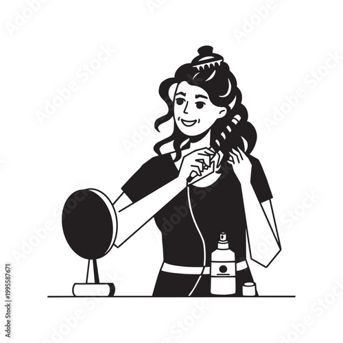 A woman curls her hair with a curling iron, hair styling