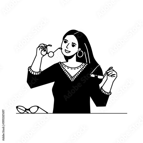 Woman is trying on glasses in a store. Choosing glasses