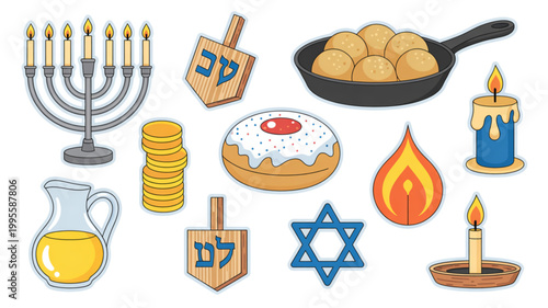 Colorful flat illustration of jewish hanukkah holiday symbols and foods Vector