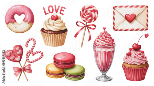 Colorful valentine’s day cupcakes and desserts set with hearts and flowers Vector