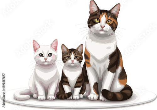 Cute Cat Family Illustration with Three Domestic Cats Sitting Together Realistic Cartoon Vector Style