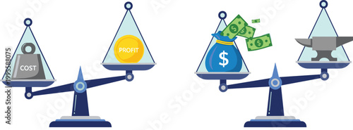Cost and Profit Balance Concept with Money Bag and Anvil Business Finance Comparison Vector Illustration Set